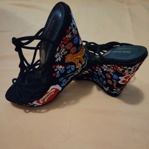 Black Suede & Embroidery Strappy Wedge